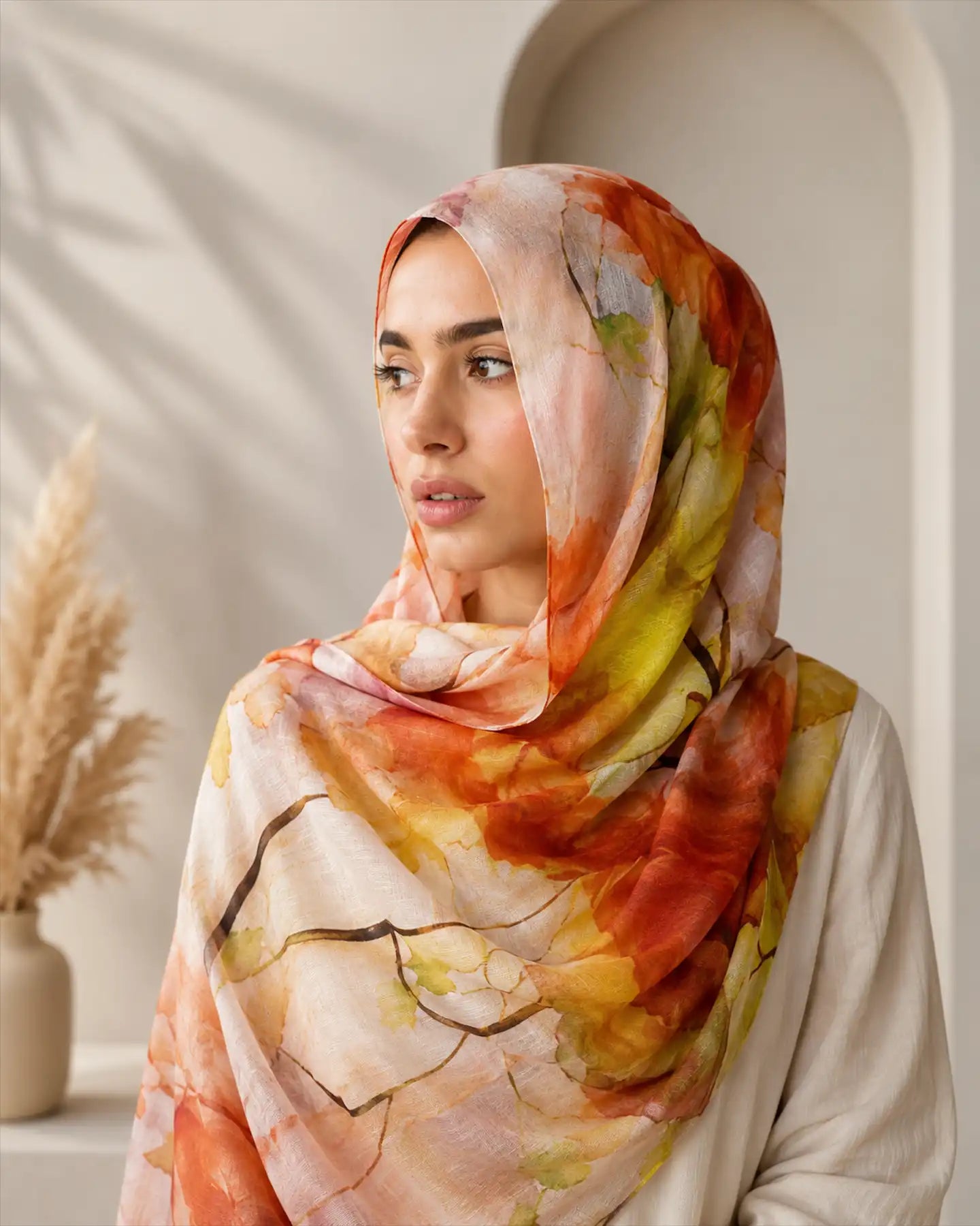Woman wearing orange mustard floral slub lawn hijab collection cover