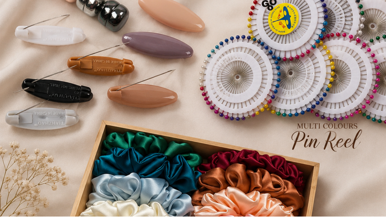 Collection of hair accessories including satin scrunchies, hair pins, and hair clips on a beige background.