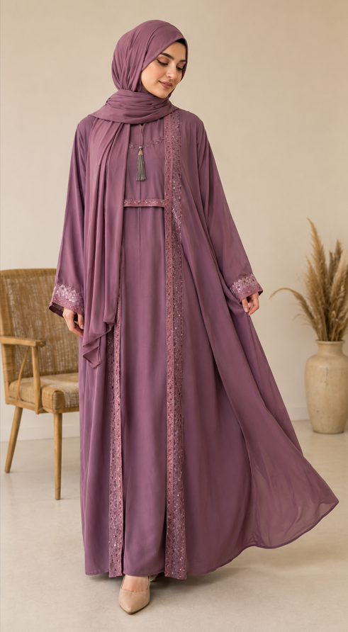 Woman wearing a long, flowing purple dress with a matching hijab in a minimalistic room.