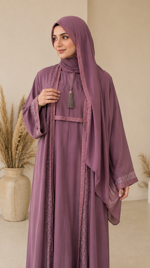 Woman wearing a purple abaya with a matching hijab in a neutral setting.