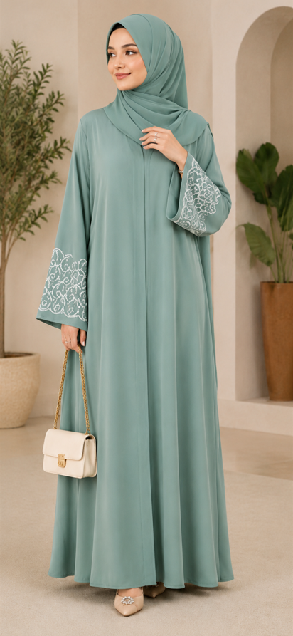 Woman wearing a light green abaya with lace details in an indoor setting.