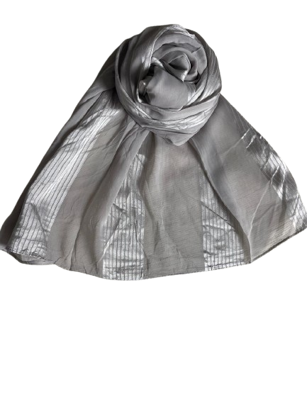 Silver scarf folded into a roll on a white background