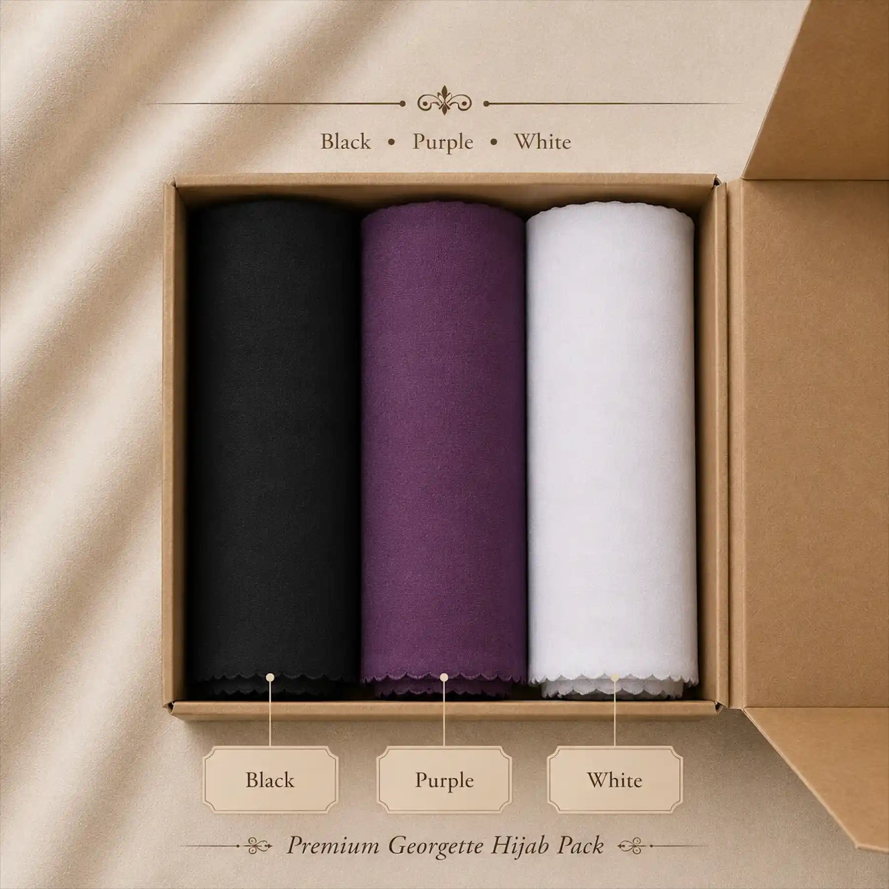 Georgette hijab bundle pack of 3 in black, purple and white gift box