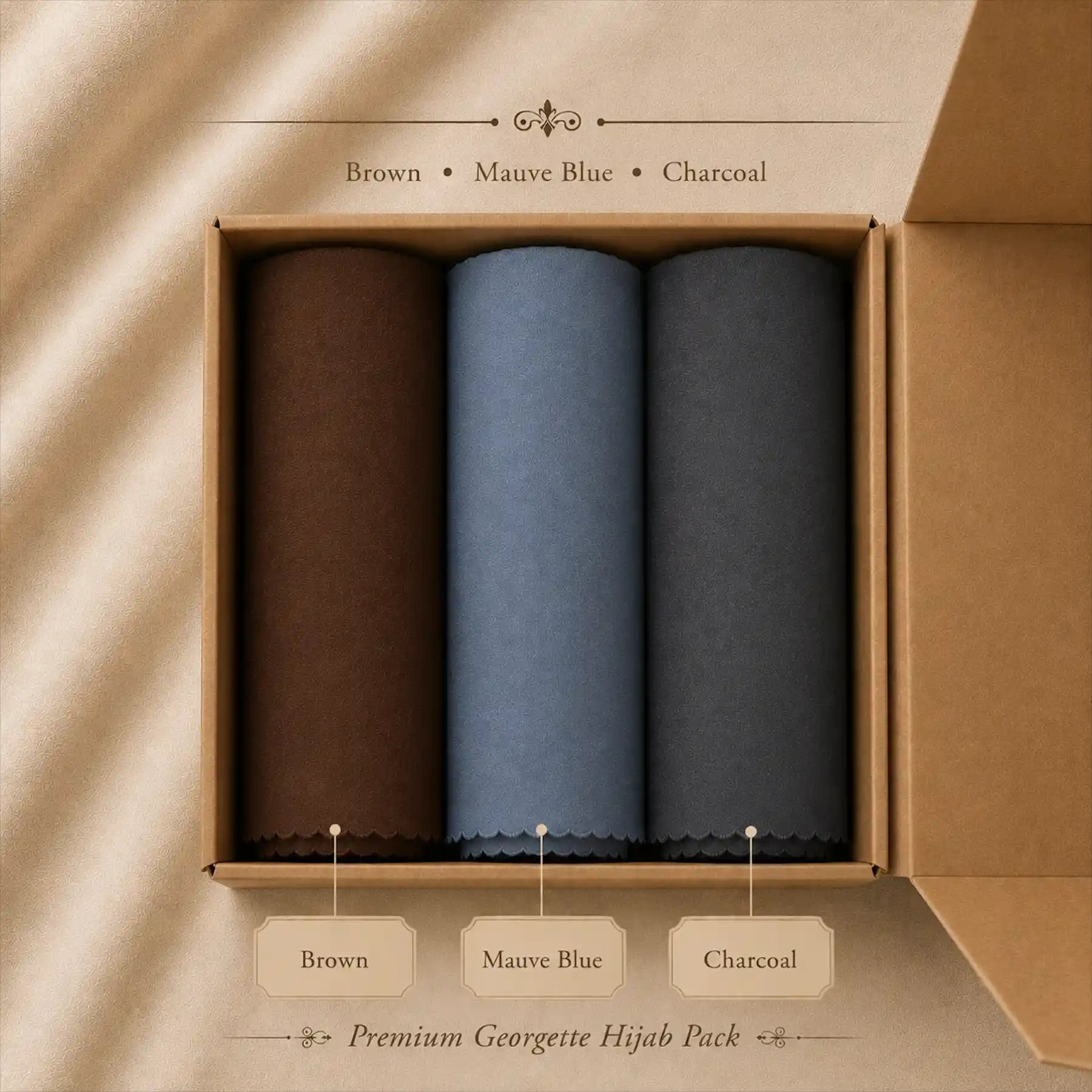 Georgette hijab bundle pack of 3 in camel brown, navy blue and gray gift box