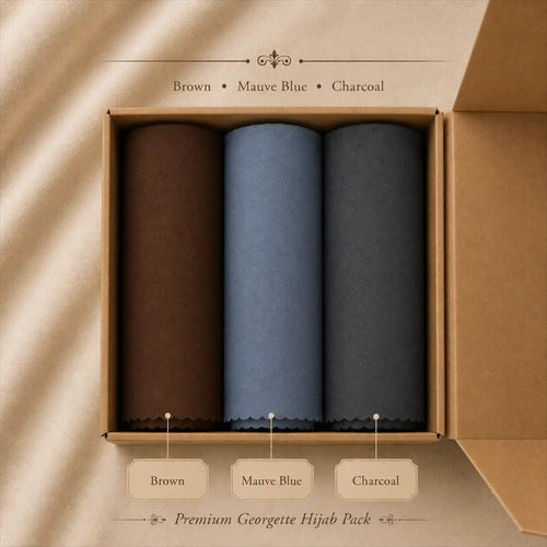 Georgette hijab bundle pack of 3 in camel brown, navy blue and gray gift box