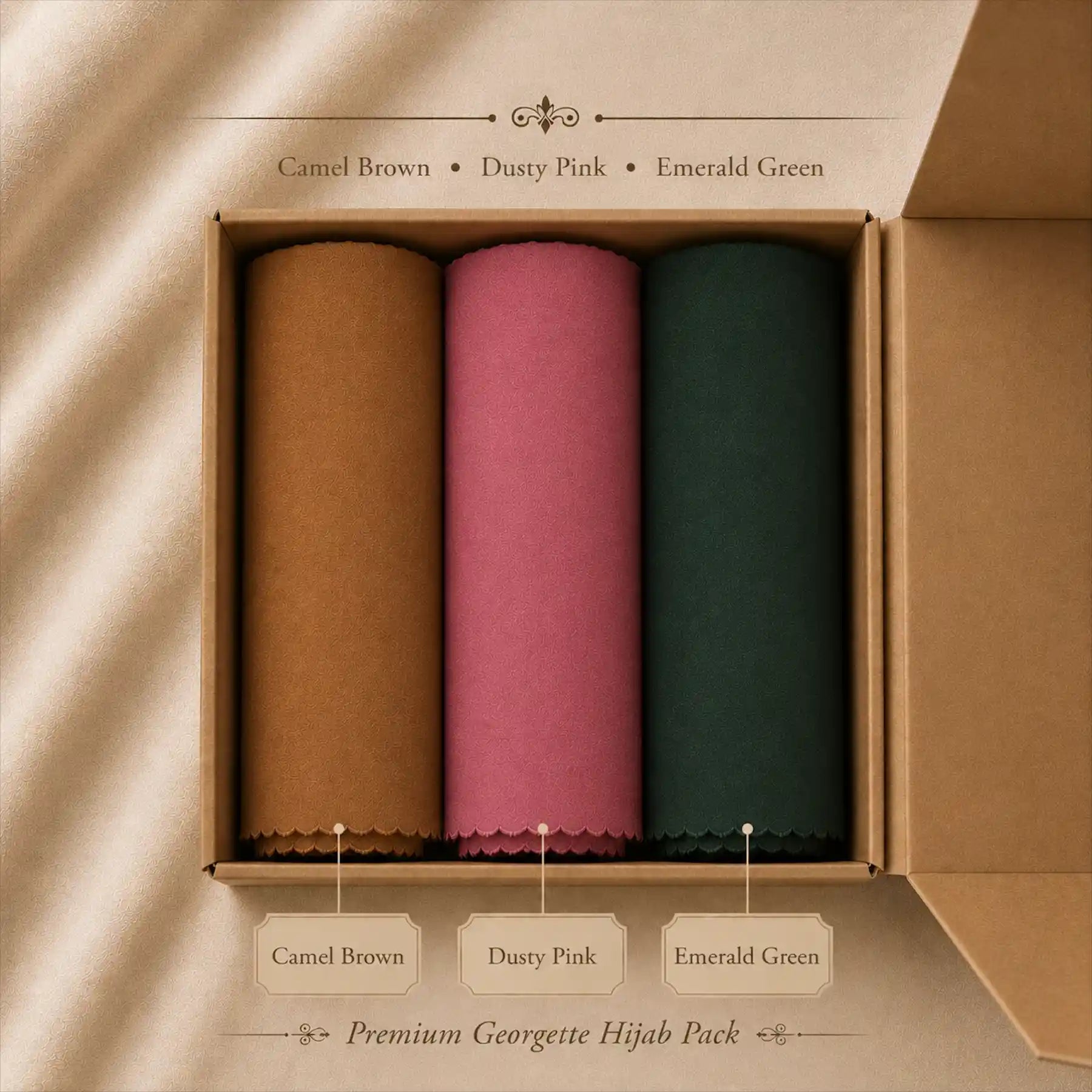 Georgette hijab bundle pack of 3 in camel brown, pink and green gift box