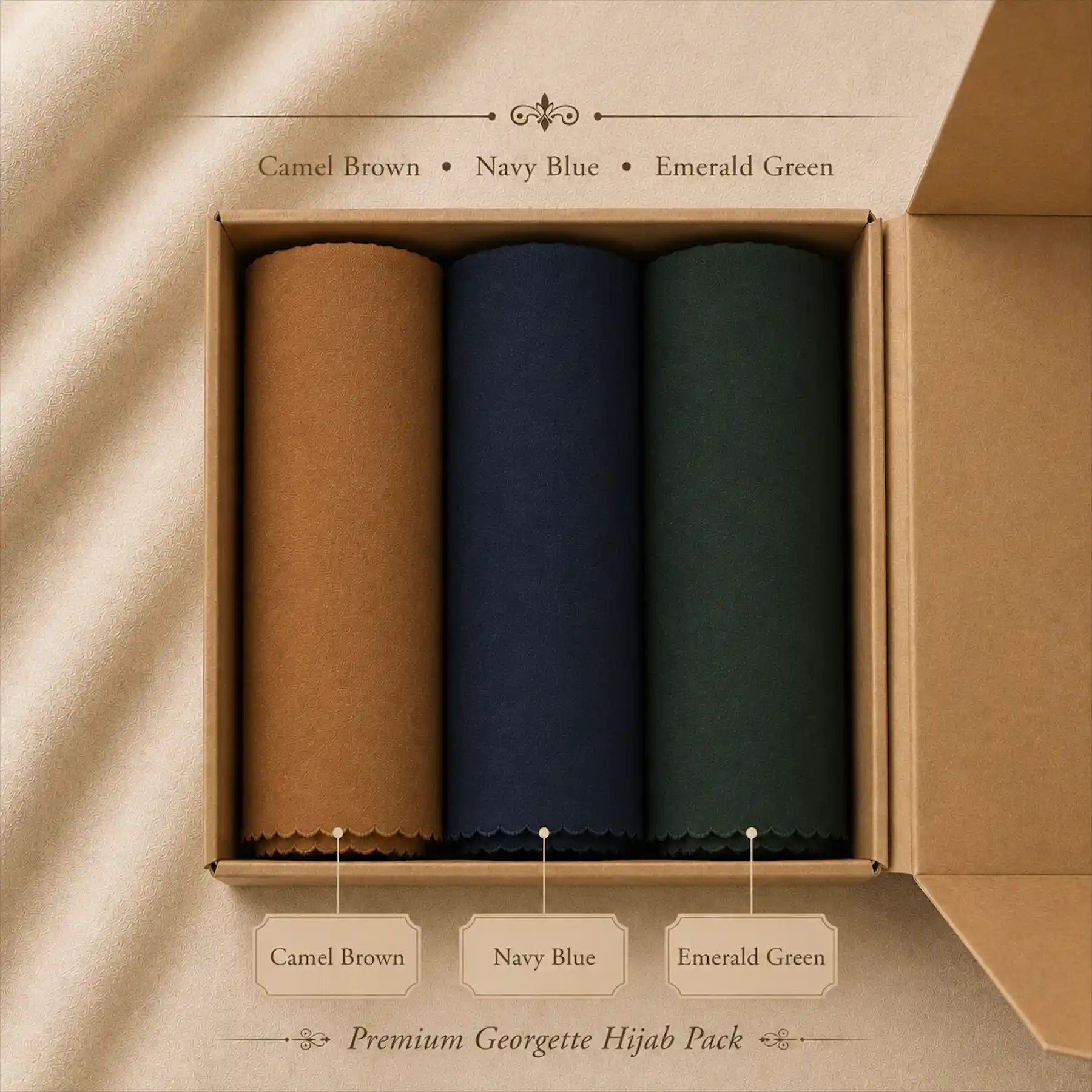 Georgette hijab bundle pack of 3 in camel brown, navy blue and green gift box