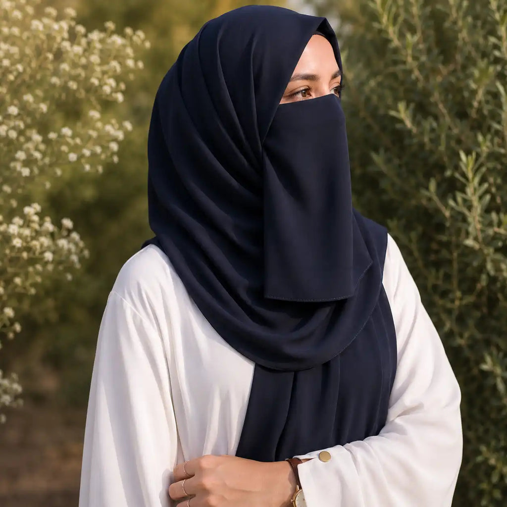 Woman wearing classic black georgette hijab with matching niqab outdoors