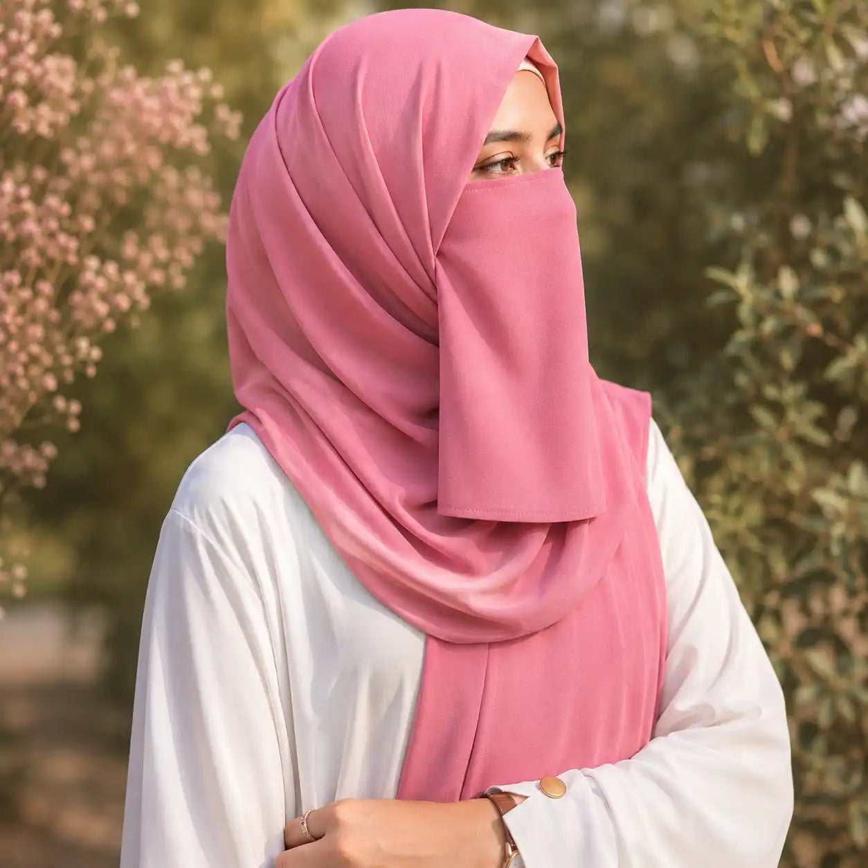 Woman wearing rose pink georgette hijab with matching niqab