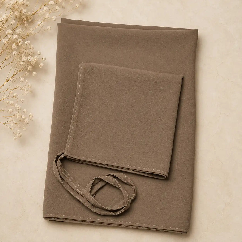 Plain georgette hijab and niqab set in mocha brown folded flat lay