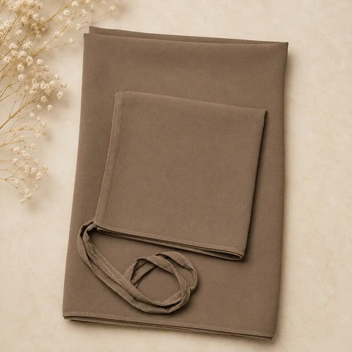 Plain georgette hijab and niqab set in mocha brown folded flat lay