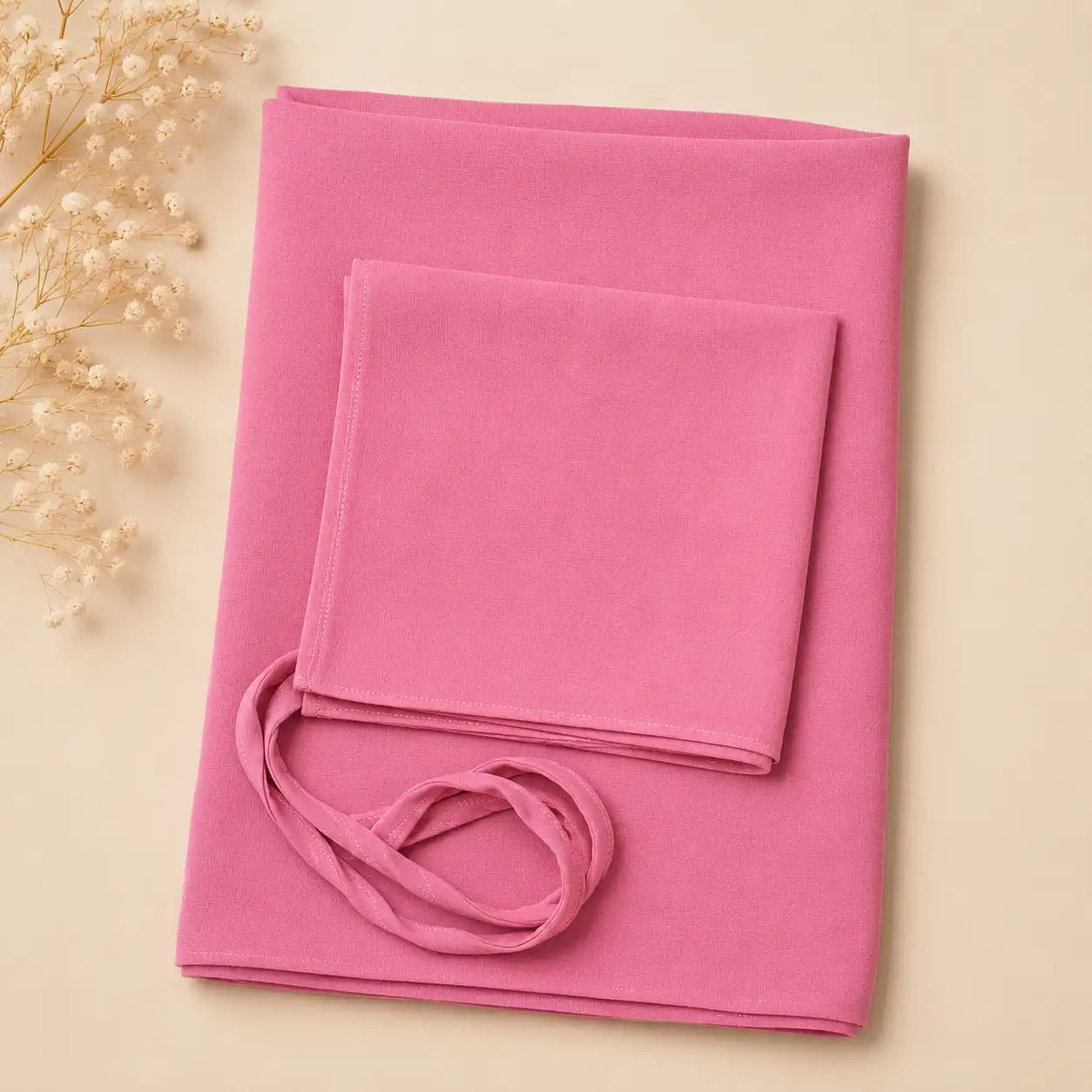 Plain georgette hijab and niqab set in rose pink folded flat