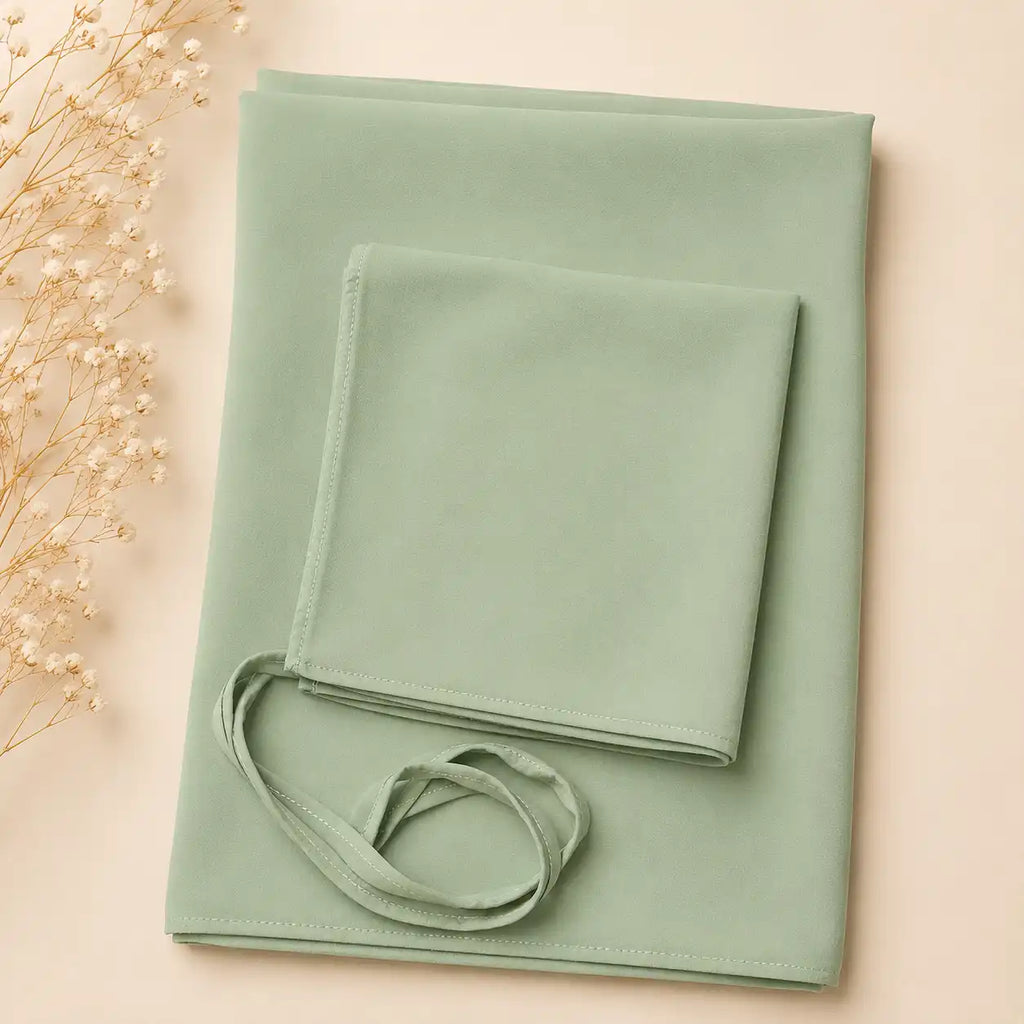 Plain georgette hijab and niqab set in sage green folded flat 