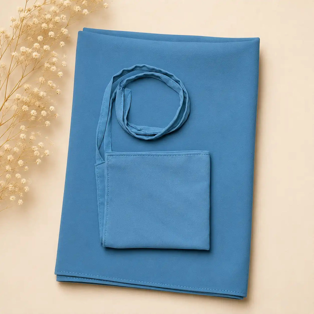 Plain georgette hijab and niqab set in steel blue folded flat 