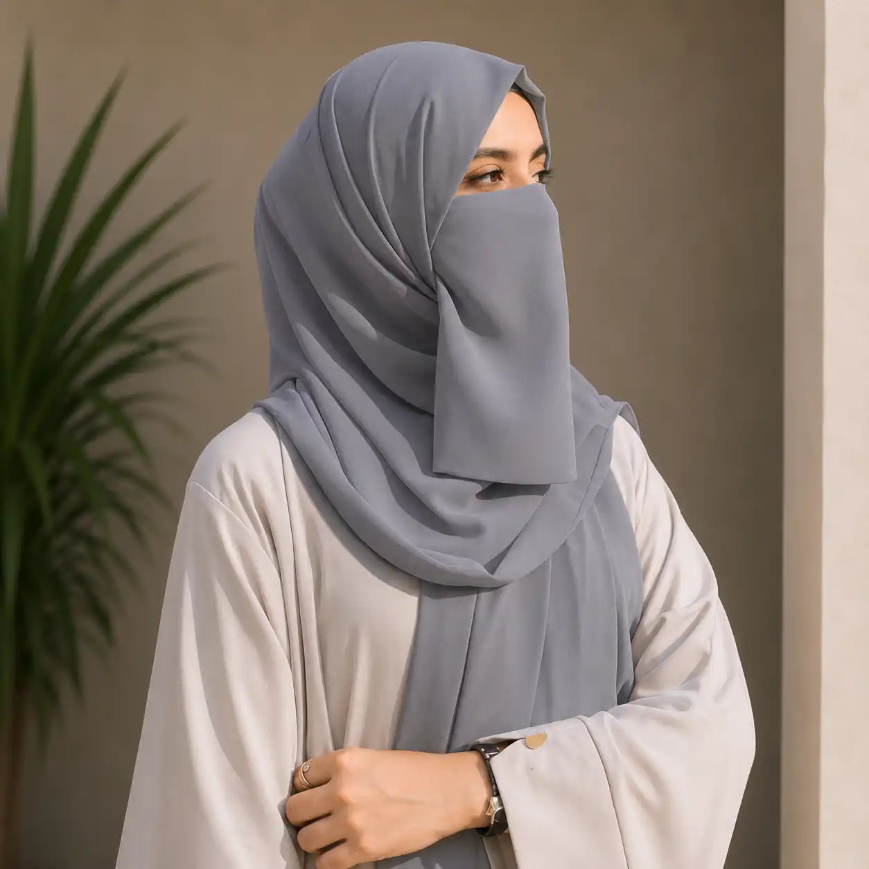 Woman wearing slate grey georgette hijab with matching niqab