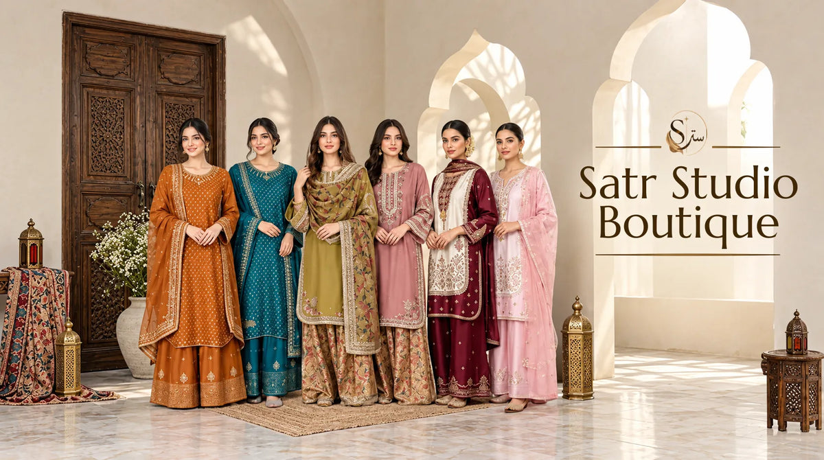 Six women modeling traditional South Asian salwar kameez suits in a beautifully decorated boutique with arches and wooden doors. The suits include orange, teal, olive green, pink, maroon, and light pink, all with intricate gold embroidery.