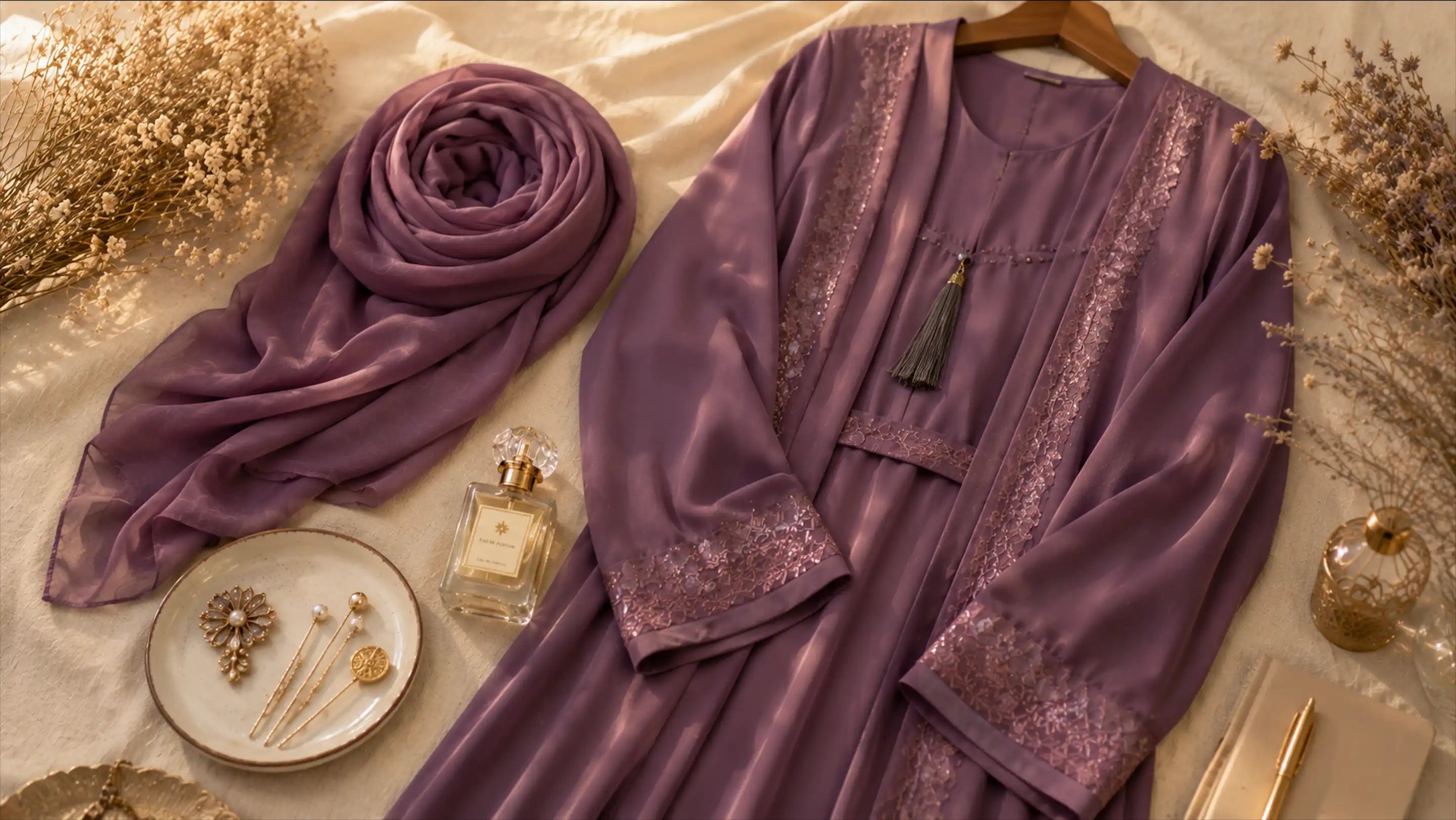 Purple abaya, matching hijab and perfume bottle styled flat lay for shop homepage