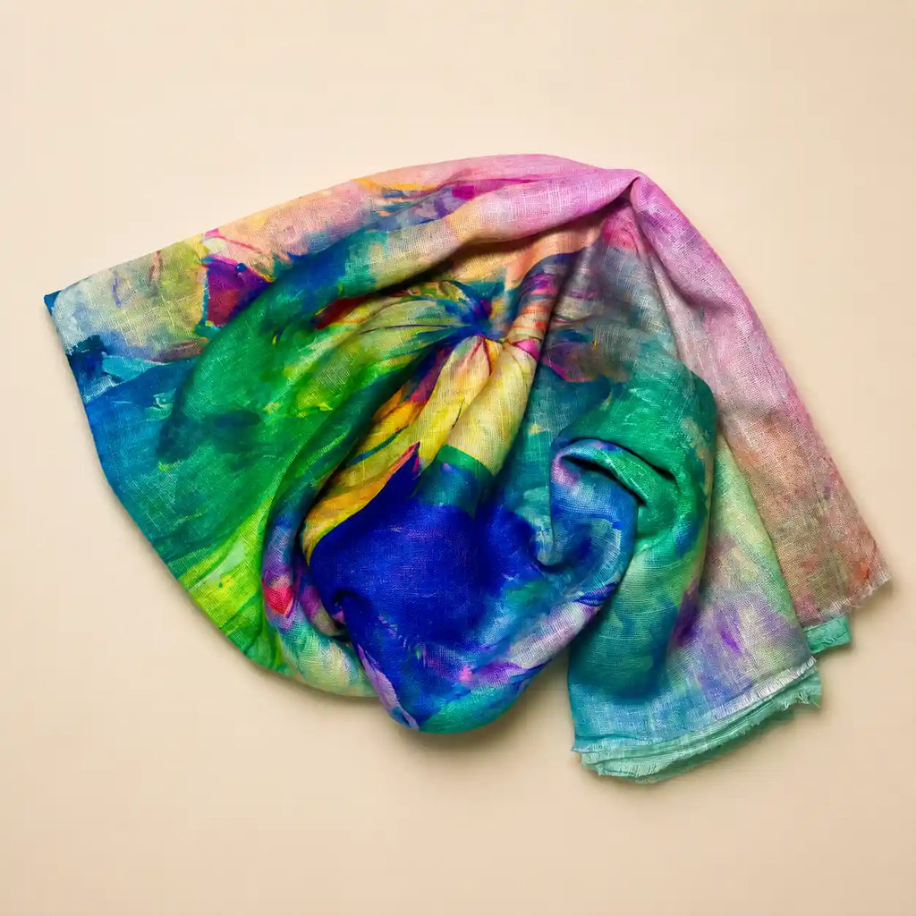 Slub lawn hijab green blue rainbow multicolor mix flat lay showing fabric texture
