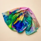 Slub lawn hijab green blue rainbow multicolor mix flat lay showing fabric texture
