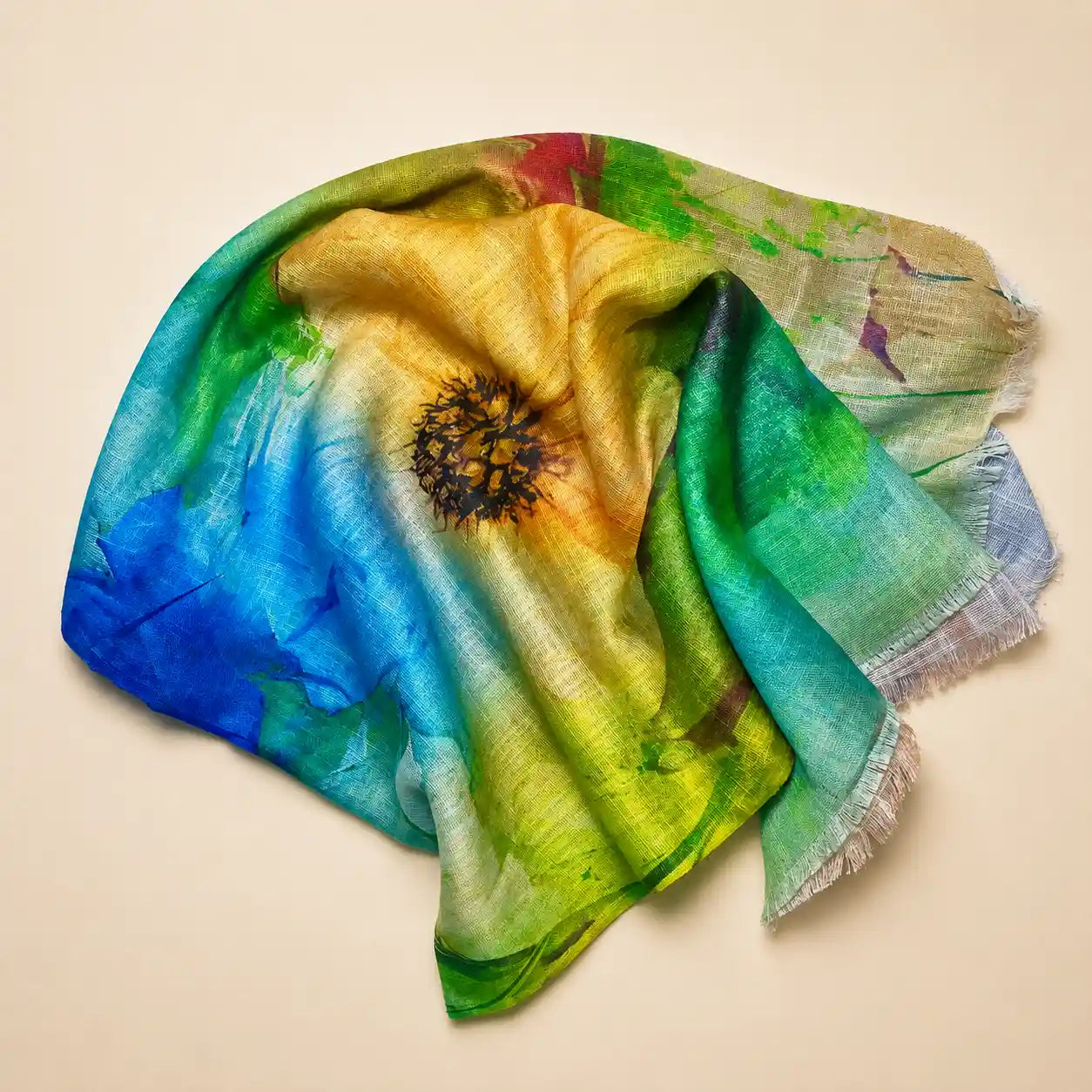 Slub lawn hijab green yellow blue watercolor mix flat lay showing fabric texture