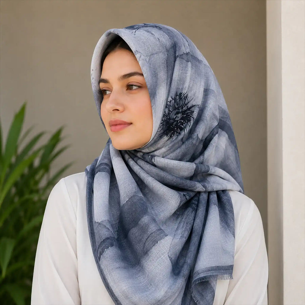 Woman wearing grayish black floral slub lawn hijab styled look
