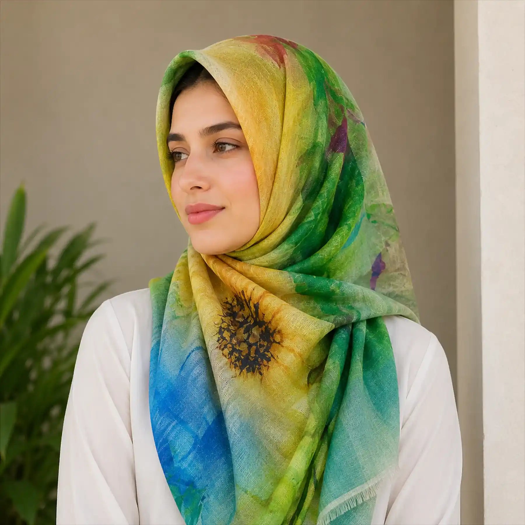Woman wearing green yellow blue watercolor slub lawn hijab styled look