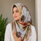 Woman wearing light brown beige slub lawn hijab styled look