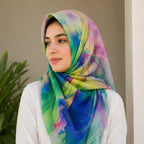 Woman wearing green blue rainbow multicolor slub lawn hijab styled look