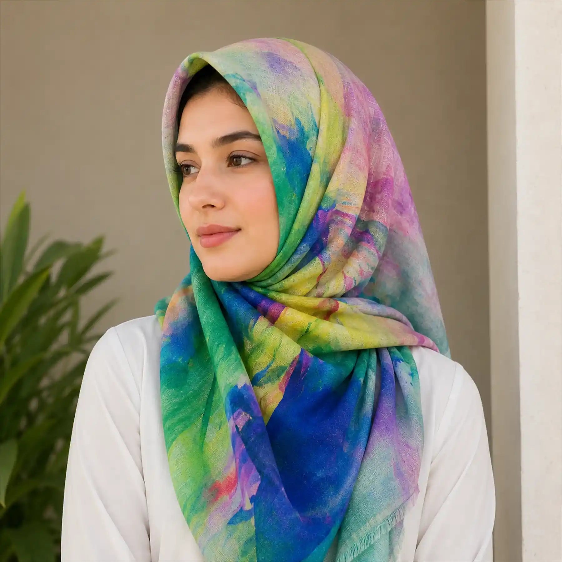 Woman wearing green blue rainbow multicolor slub lawn hijab styled look