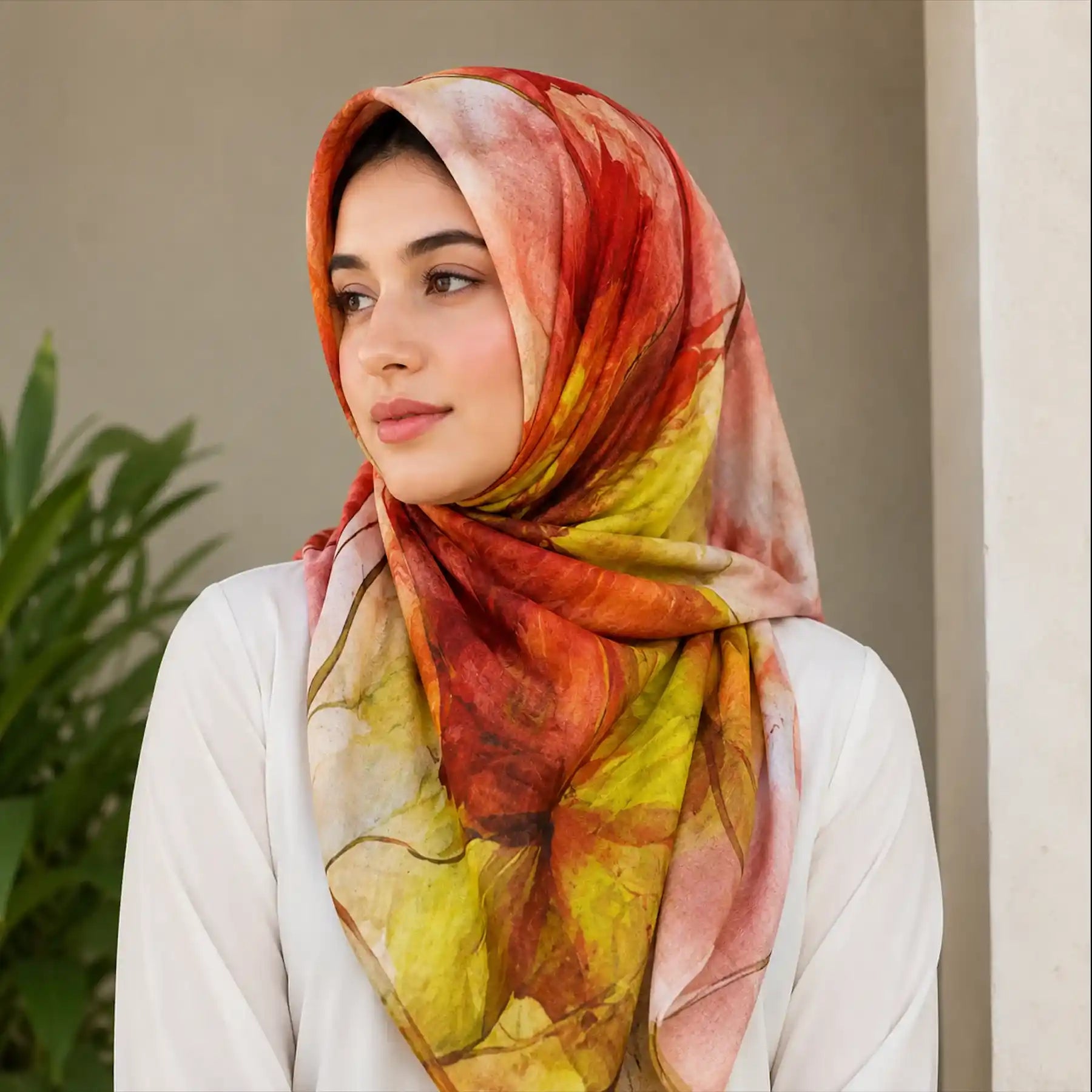 Woman wearing orange mustard floral slub lawn hijab styled look