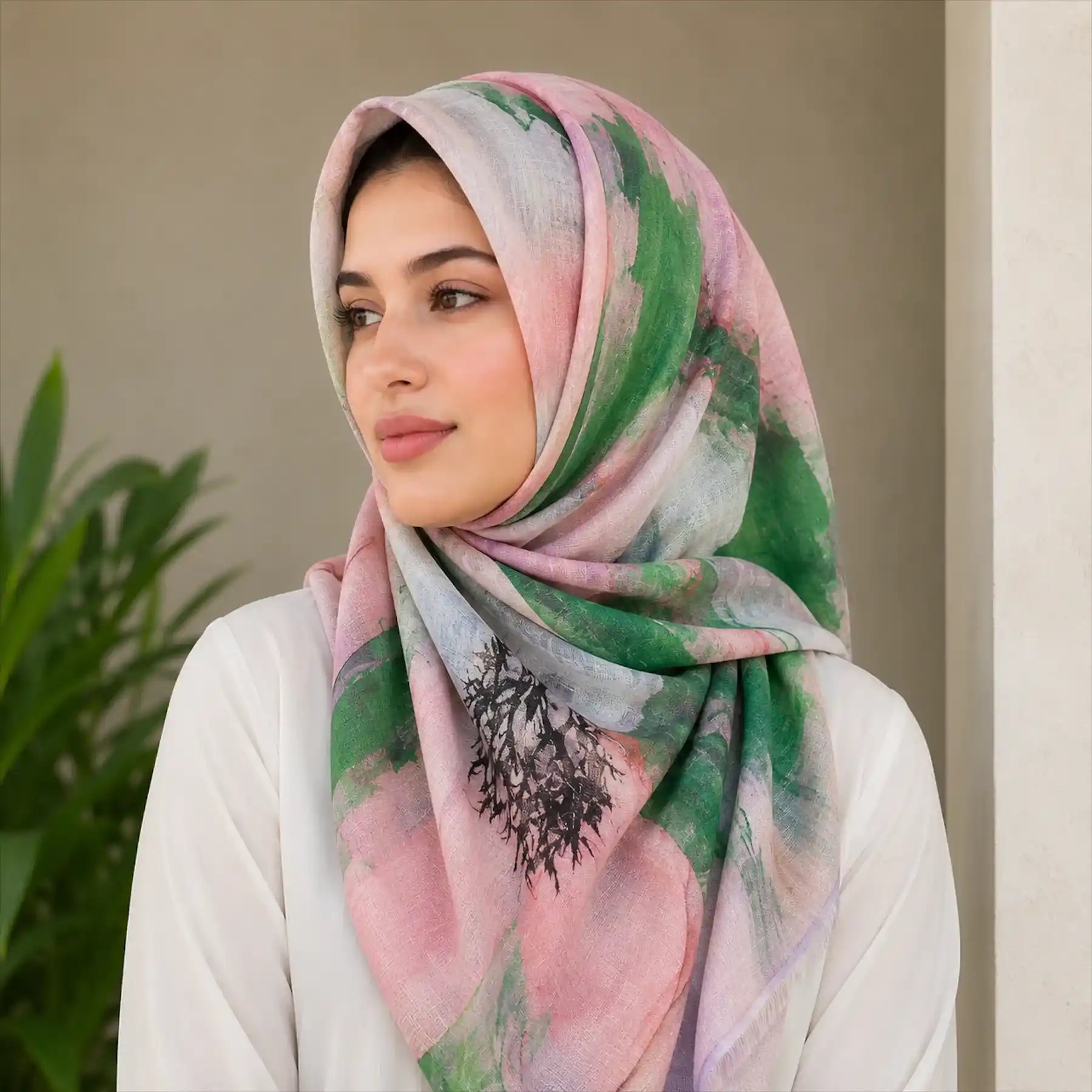 Woman wearing light pink green slub lawn hijab styled look