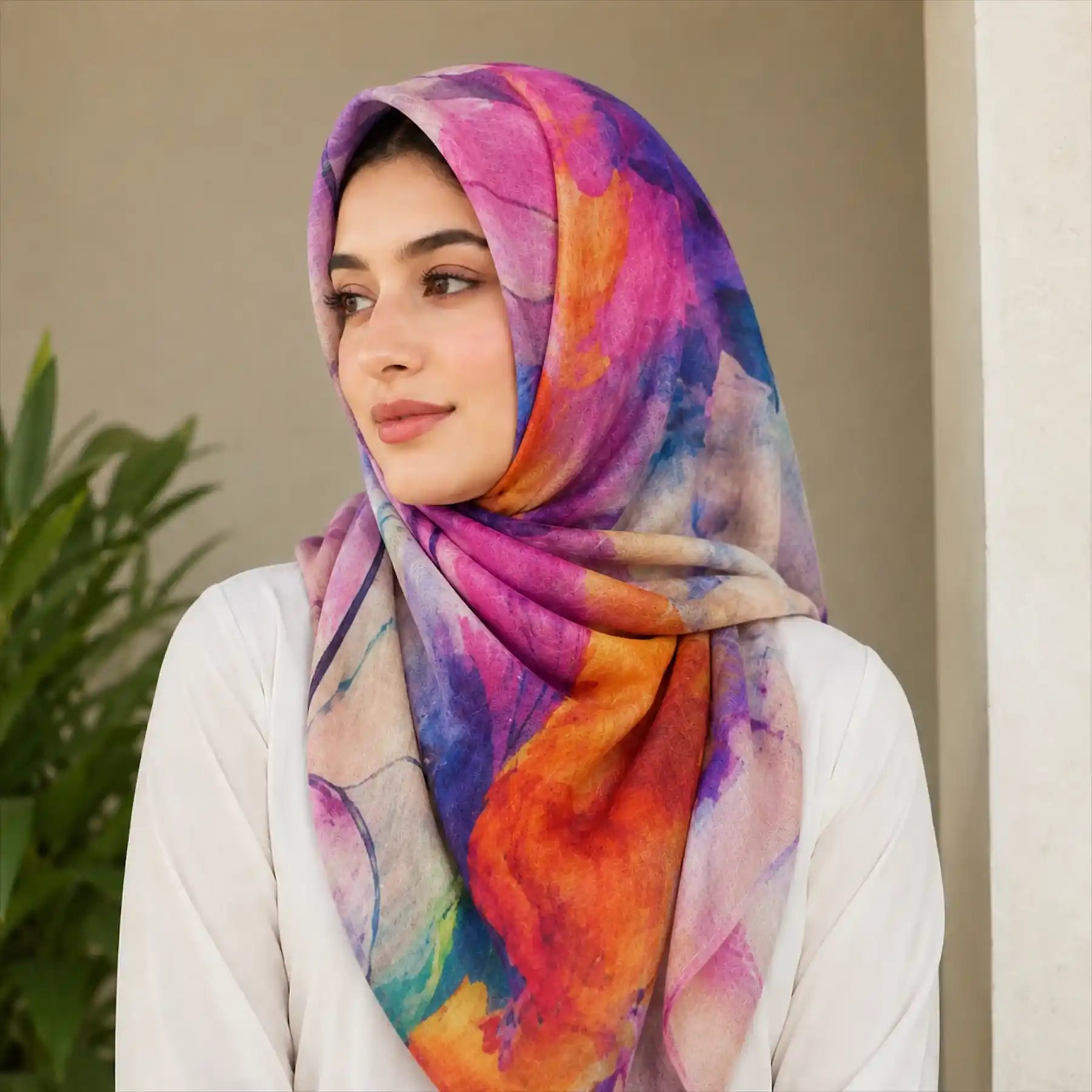 Woman wearing pink multicolor slub lawn hijab styled look