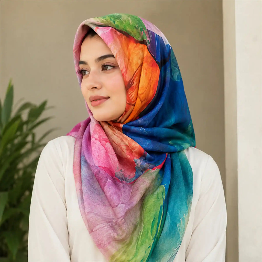 Woman wearing zinc orange multicolor slub lawn hijab styled look