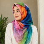 Woman wearing zinc orange multicolor slub lawn hijab styled look