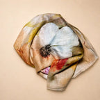 Slub lawn hijab light brown beige floral mix flat lay showing fabric texture
