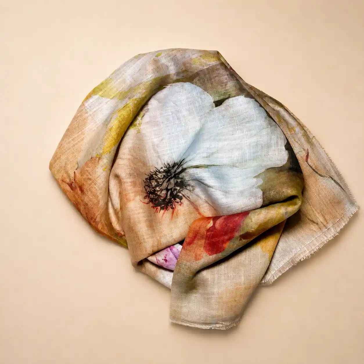 Slub lawn hijab light brown beige floral mix flat lay showing fabric texture