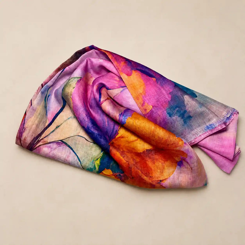 Slub lawn hijab pink multicolor watercolor mix flat lay showing fabric texture